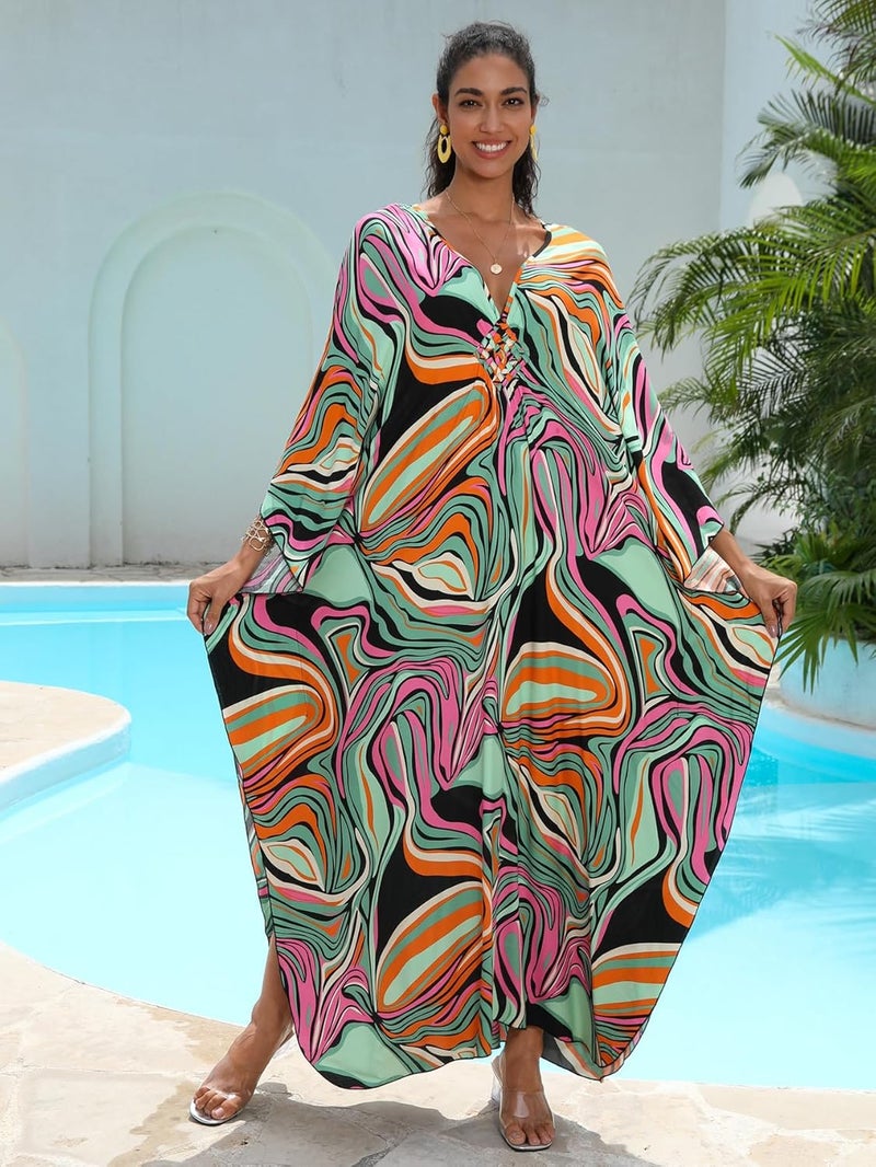 KEYLORTING Women's Plus Size Kaftan Dress – Plus Size Maxi Dress Moo Moos Beach Cover Up,Bathing Suit Cover-Up Loungewear - Image 5